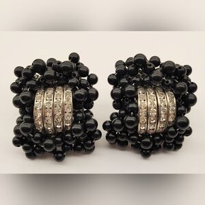 Vintage Clip On Earrings Silver Tone Rhinestones & Beads